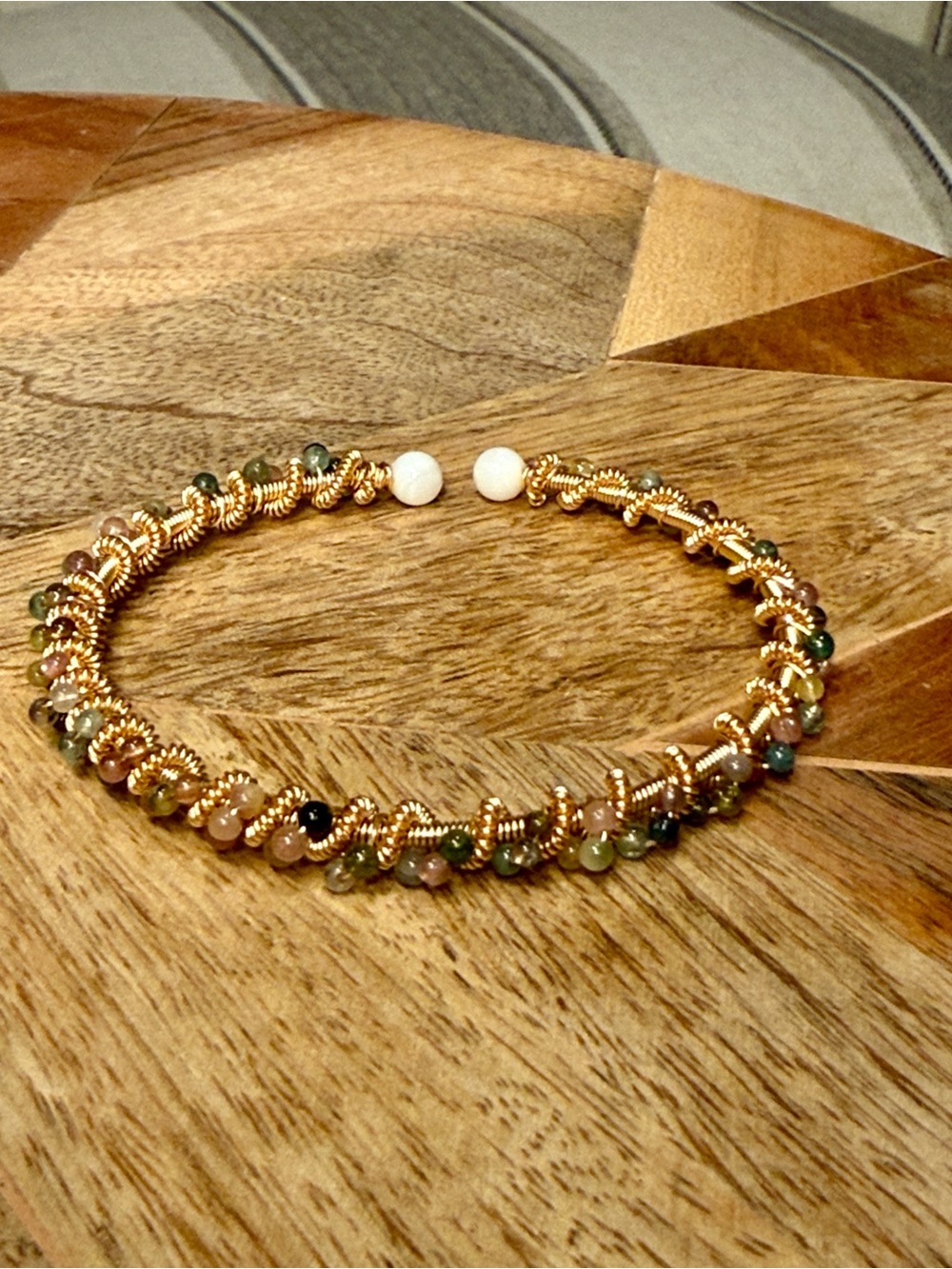 Gold Coil Bracelet with Multicolor Gem Beads